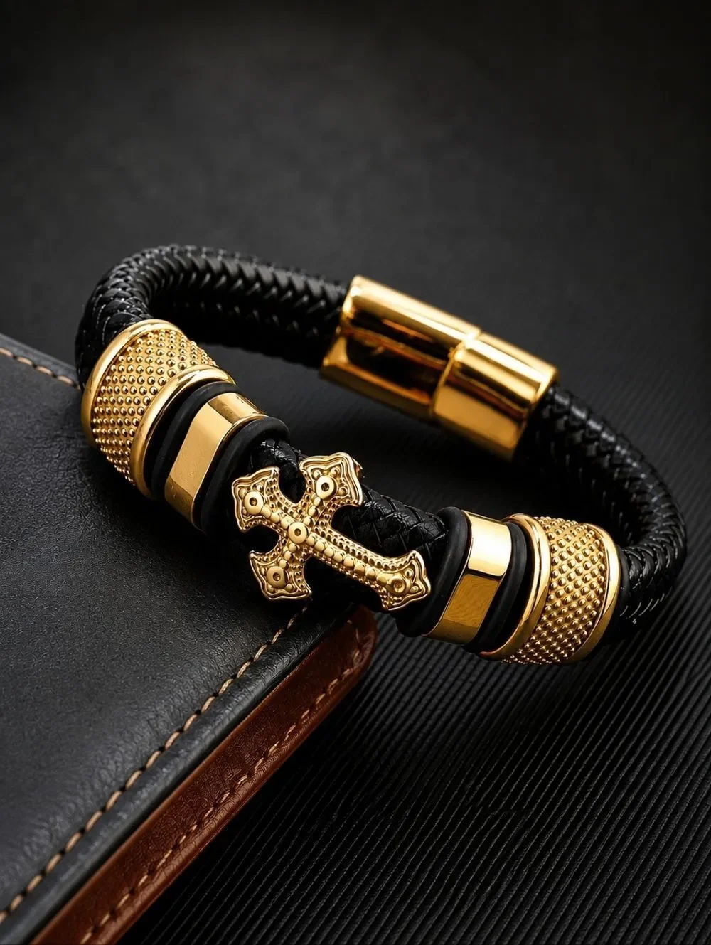 Gold Cross Leather Bracelet